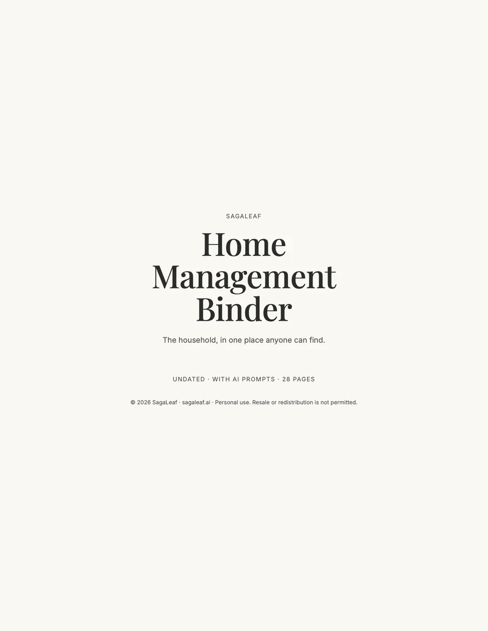 Cover of the SagaLeaf Home Management Binder