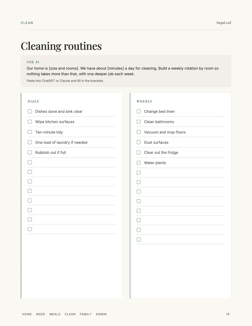 Cleaning routines, daily and weekly, with an Ask AI prompt for a room-by-room rotation