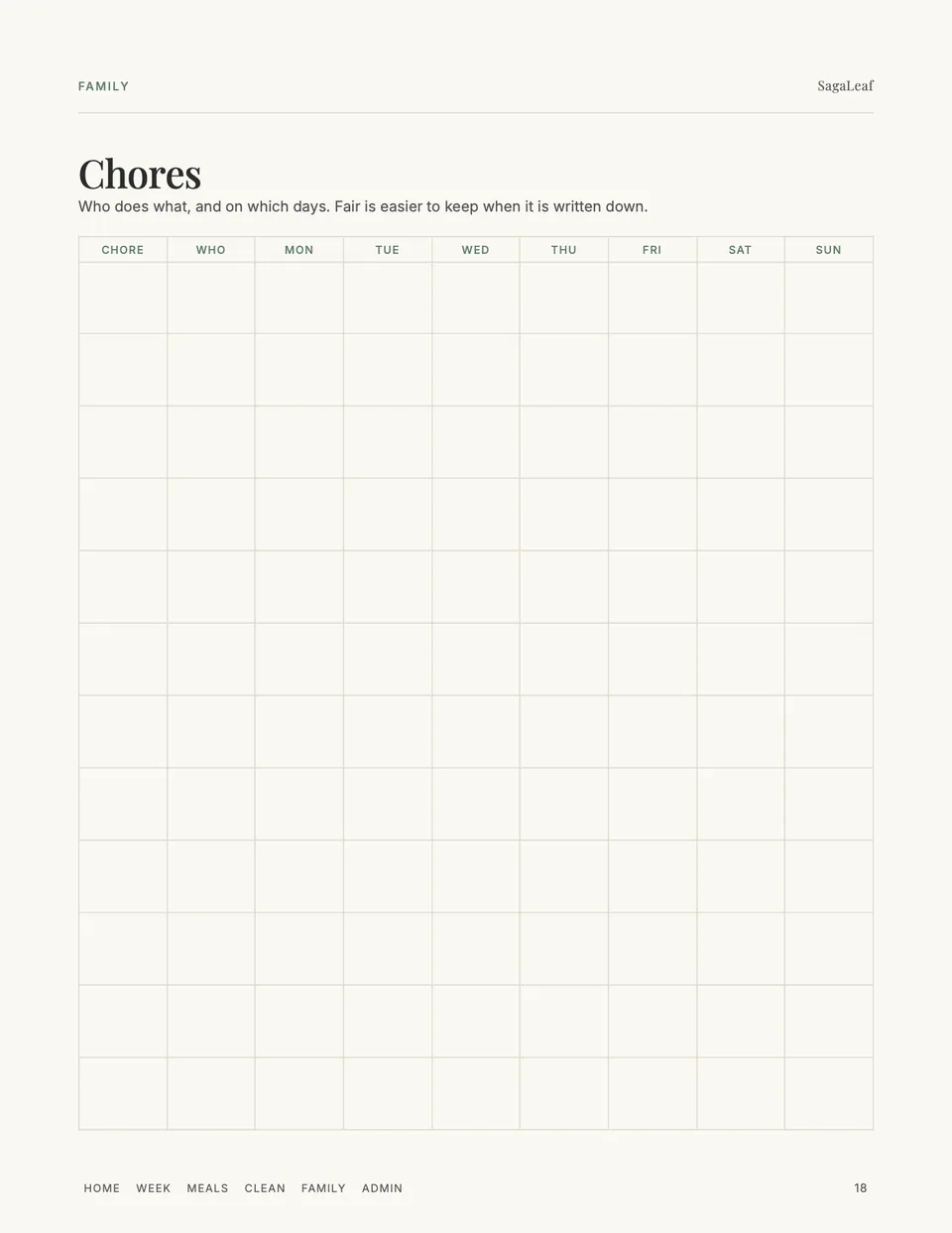 Chores chart: who does what on each day of the week