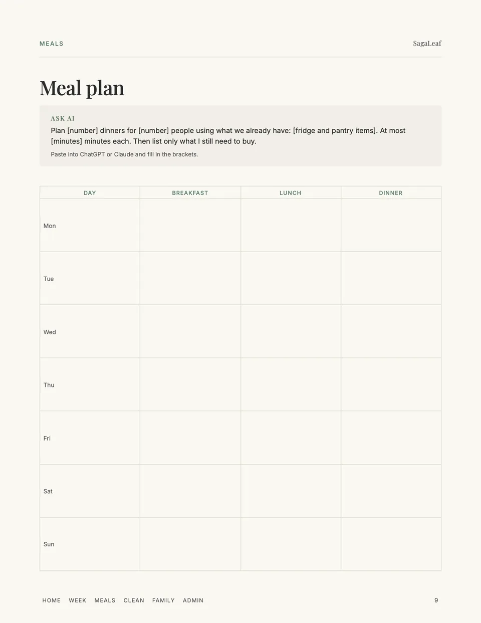 Weekly meal plan with an Ask AI prompt that turns what is in the fridge into dinners