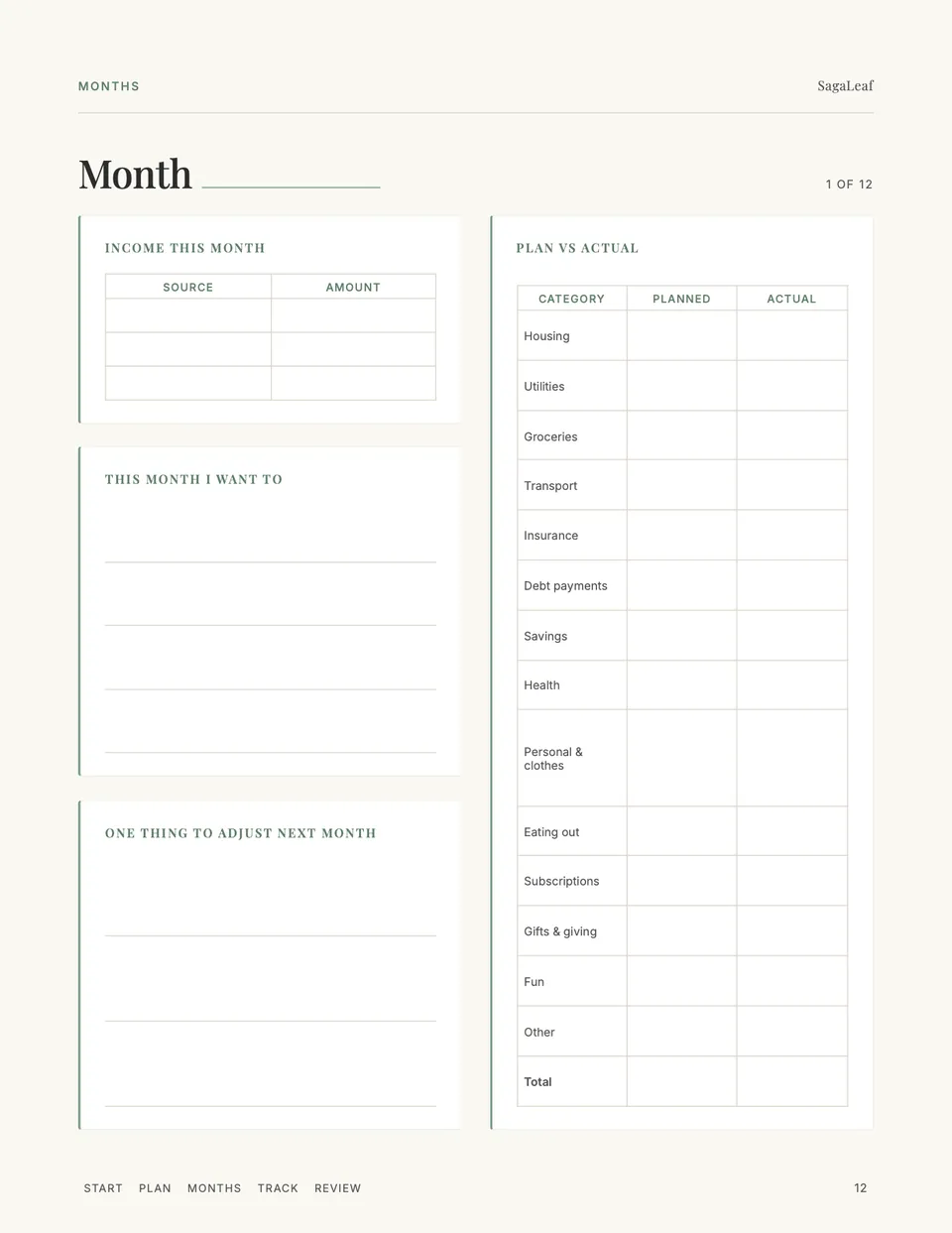 Monthly page: income, plan versus actual for fourteen categories, and one thing to adjust