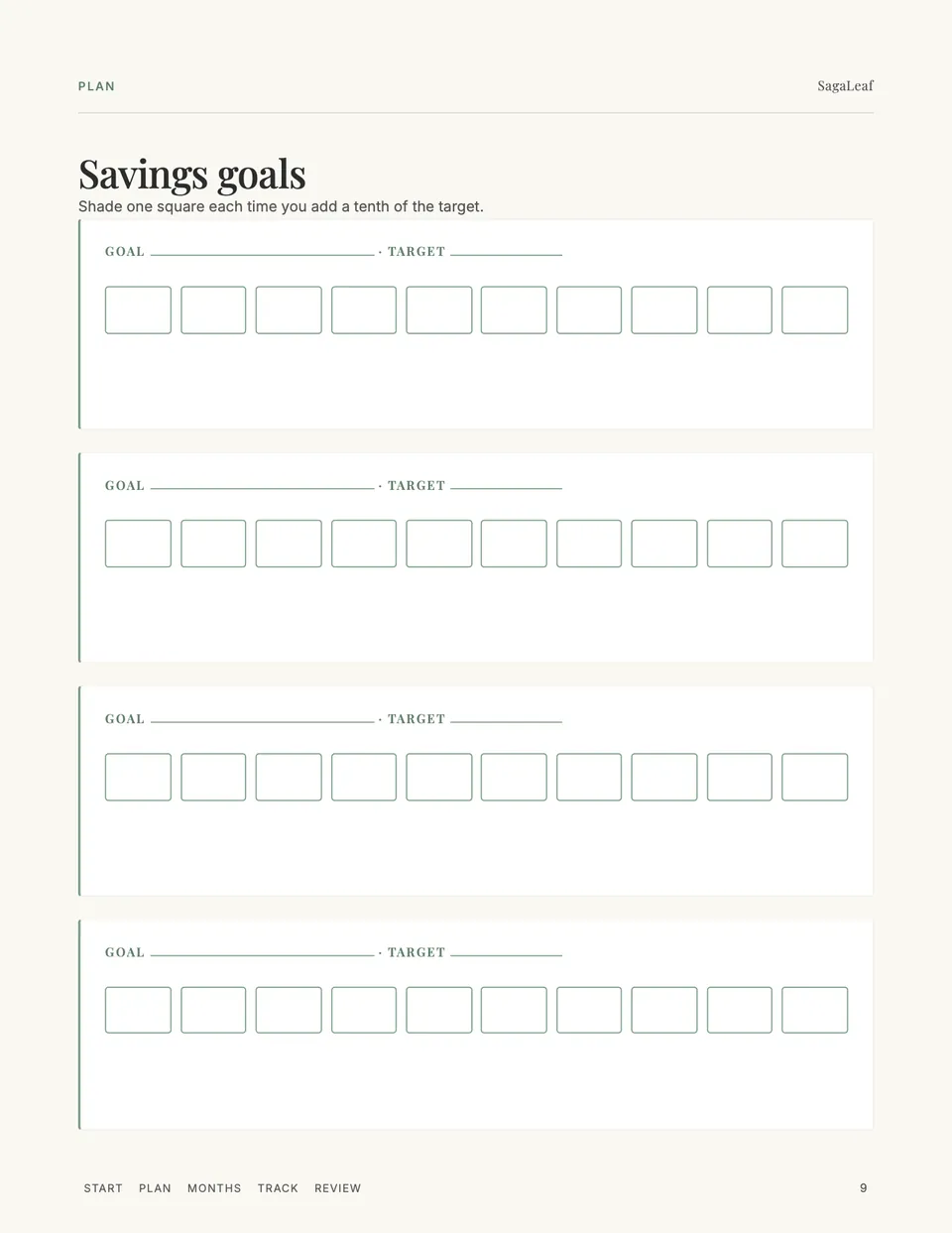 Savings goals with ten squares to shade as each goal fills up