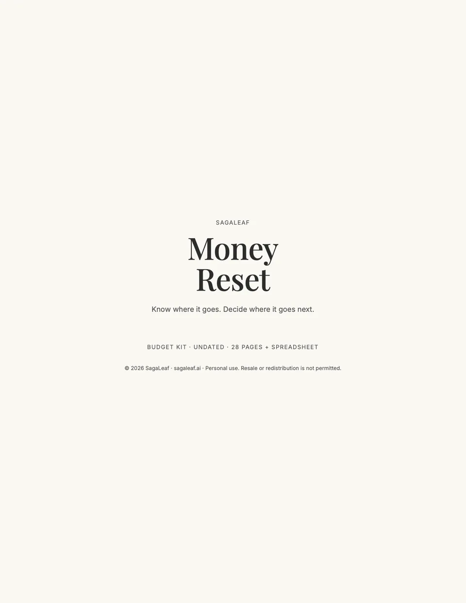 Cover of the SagaLeaf Money Reset Budget Kit PDF