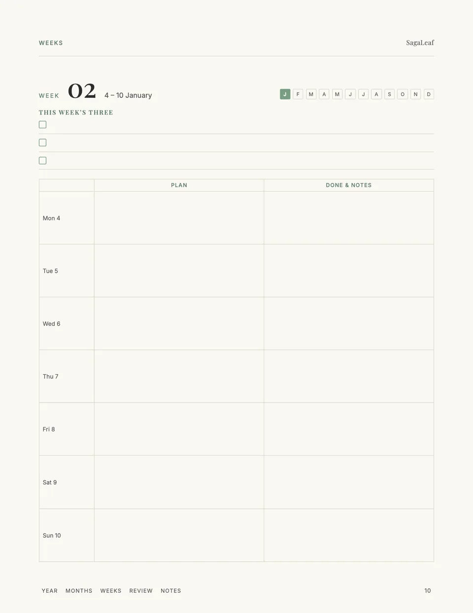 Dated weekly page for 4 to 10 January 2027 with three priorities and a plan and notes column for each day