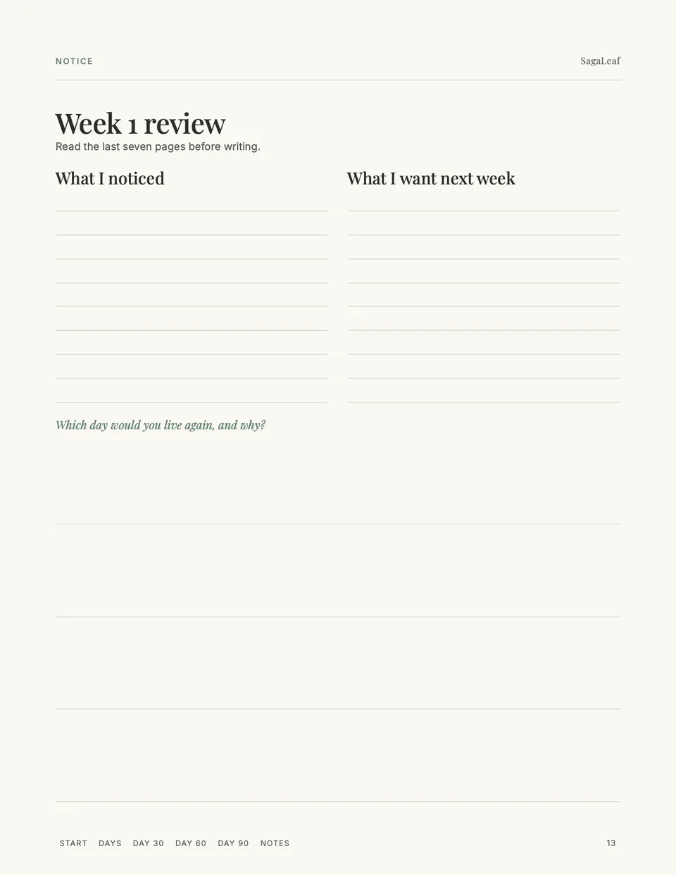 Week 1 review page: what I noticed and what I want next week