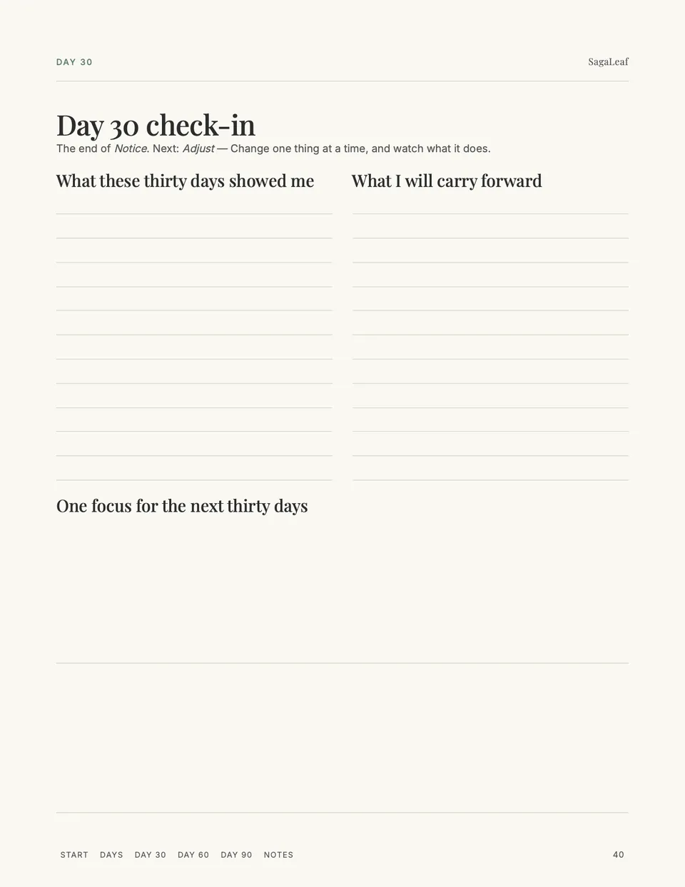 Day 30 check-in page looking back on the first thirty days