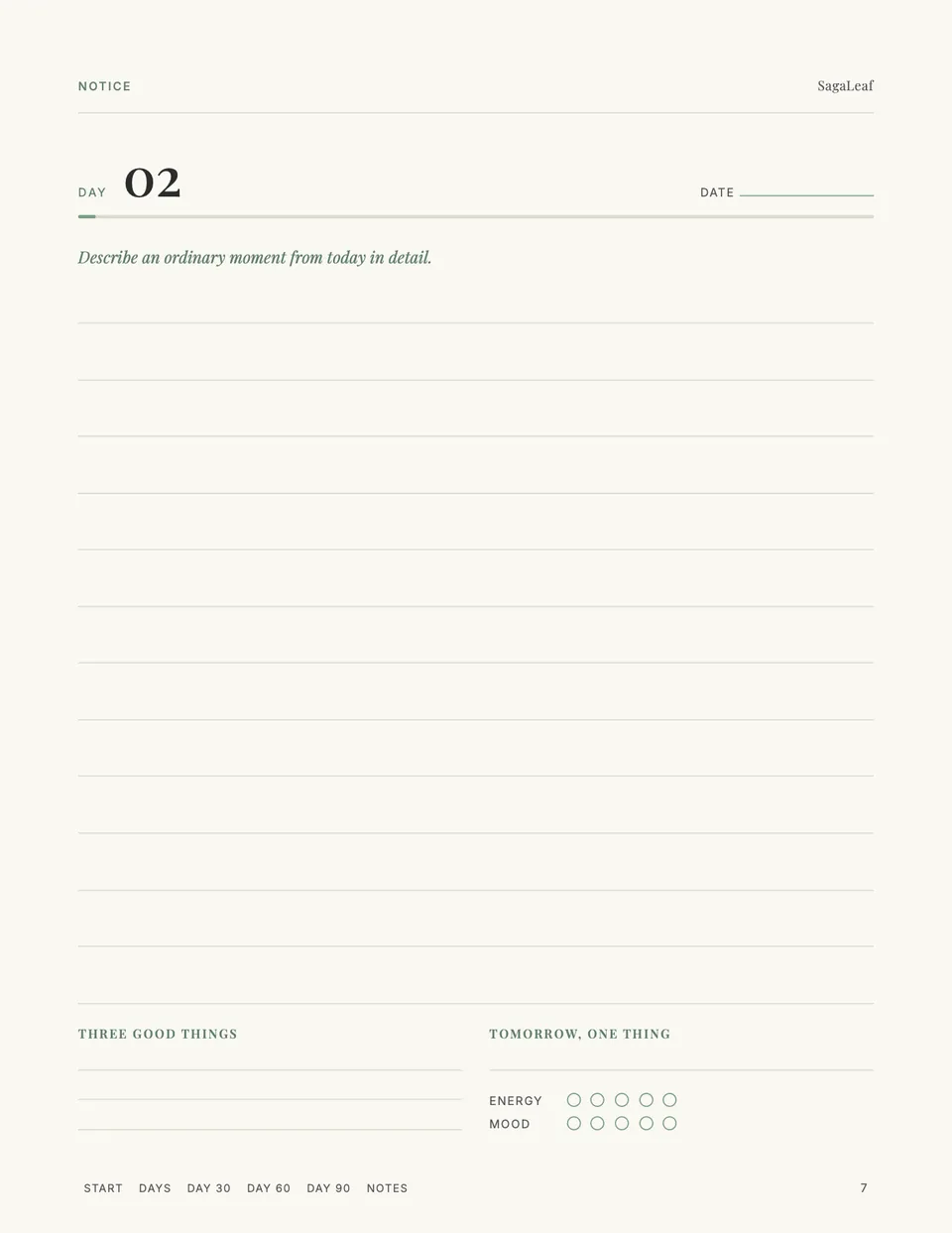 Daily page for day 2 with its own prompt, three good things, one thing for tomorrow and an energy and mood check
