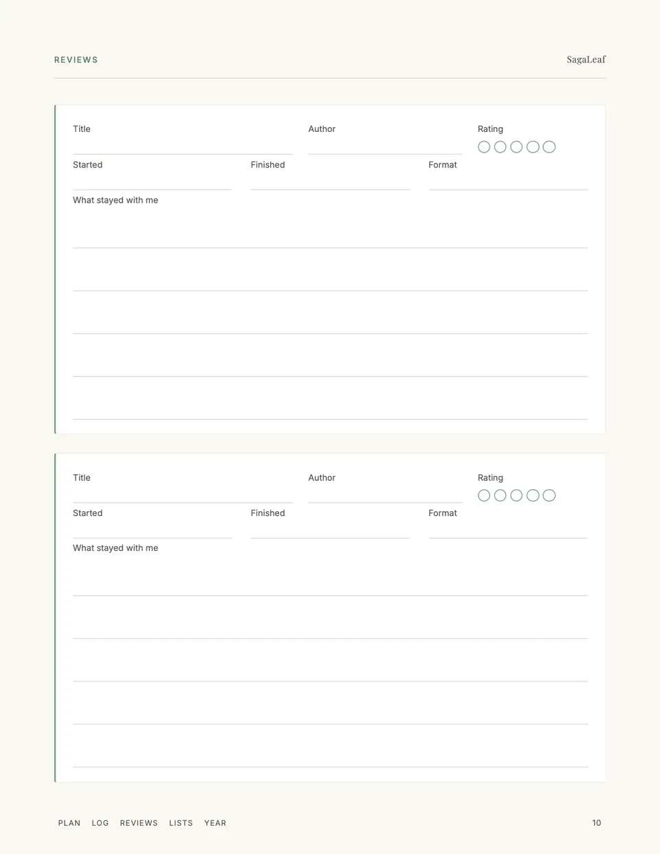 Two half-page book reviews with rating, dates, format and what stayed with me