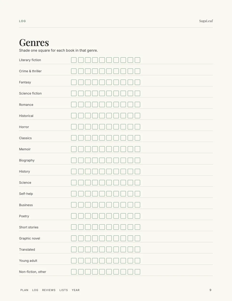 Genre tracker: shade a square for each book read in twenty genres