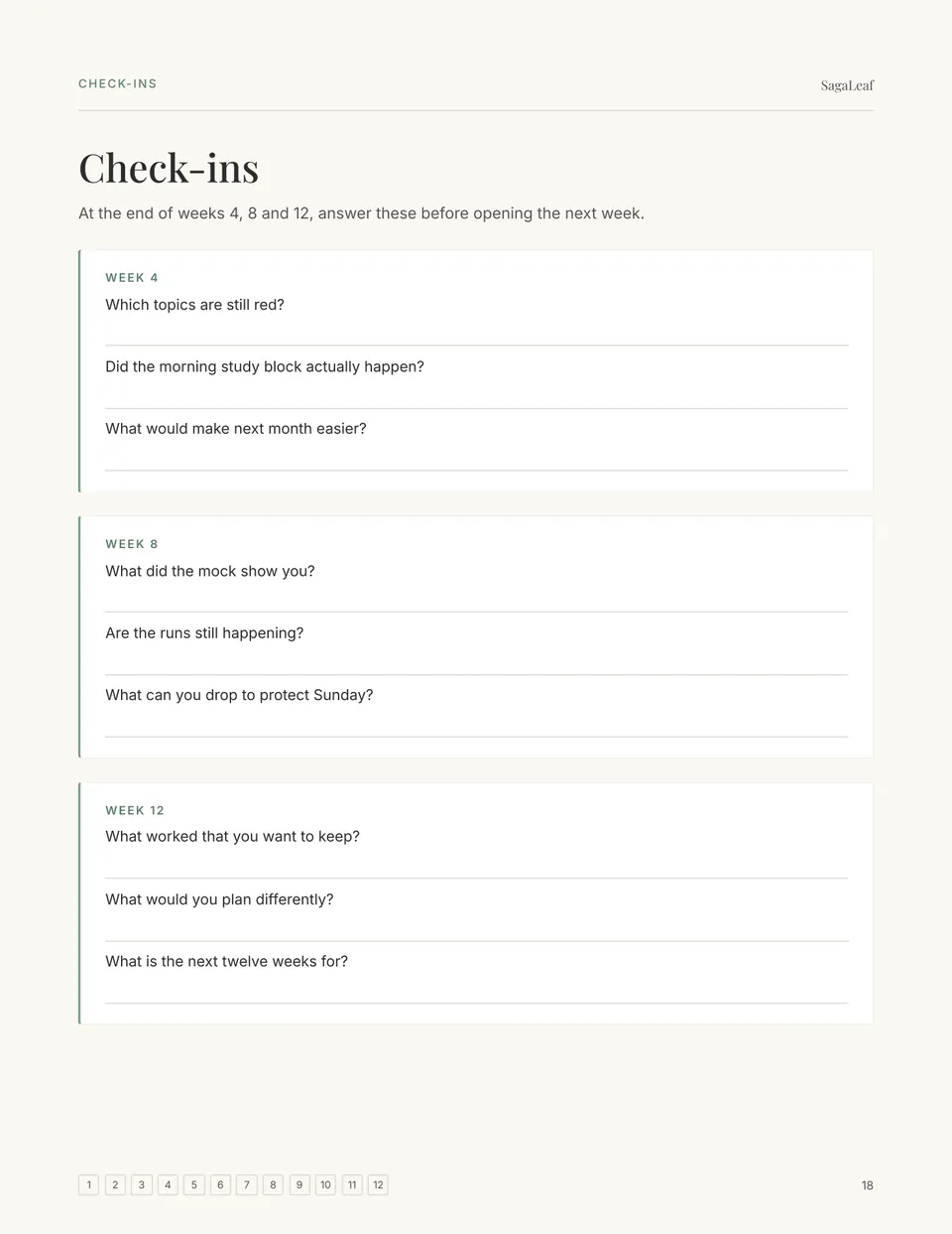Example check-in page with questions for weeks 4, 8 and 12