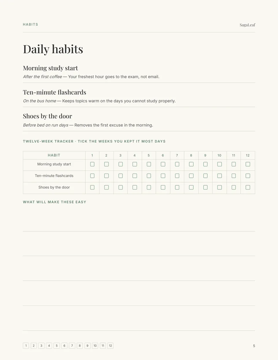 Example daily habits page with a twelve-week habit tracker