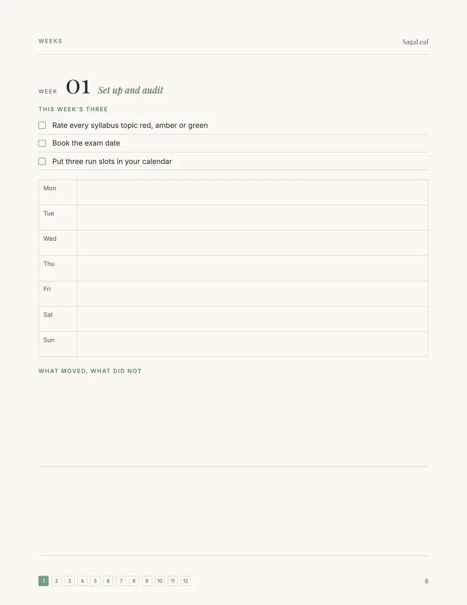 Example week 1 page with a theme and three chosen tasks