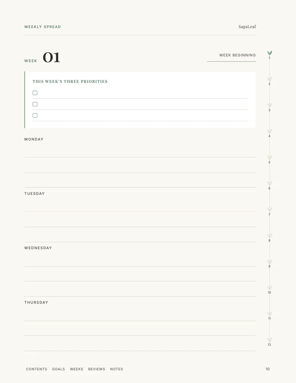 Weekly spread for week 1 with three priorities, a day-by-day plan and the twelve-leaf week tracker down the margin