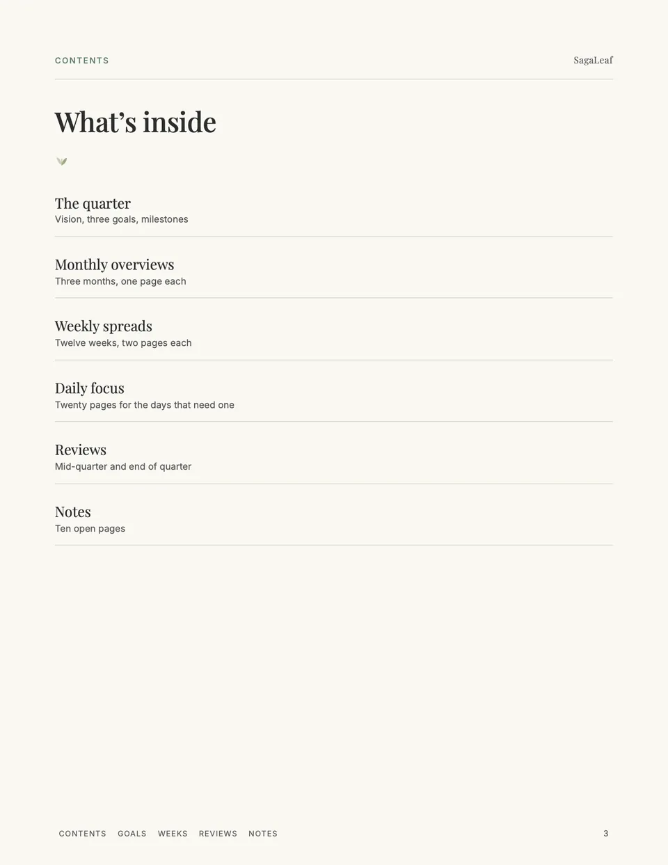 Hyperlinked contents page listing the quarter, monthly overviews, weekly spreads, daily focus, reviews and notes