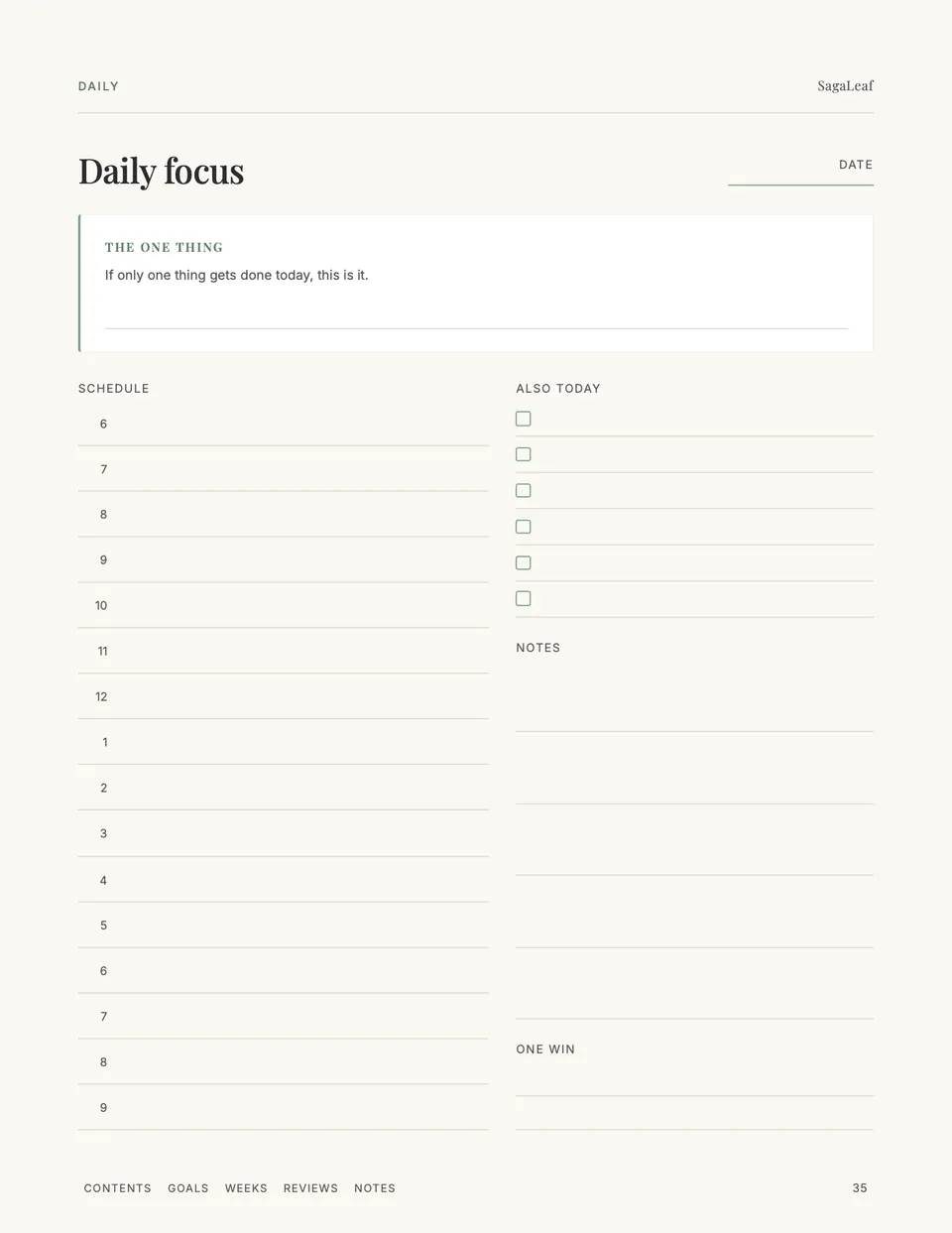 Daily focus page with the one thing for today, an hour-by-hour schedule and a short task list