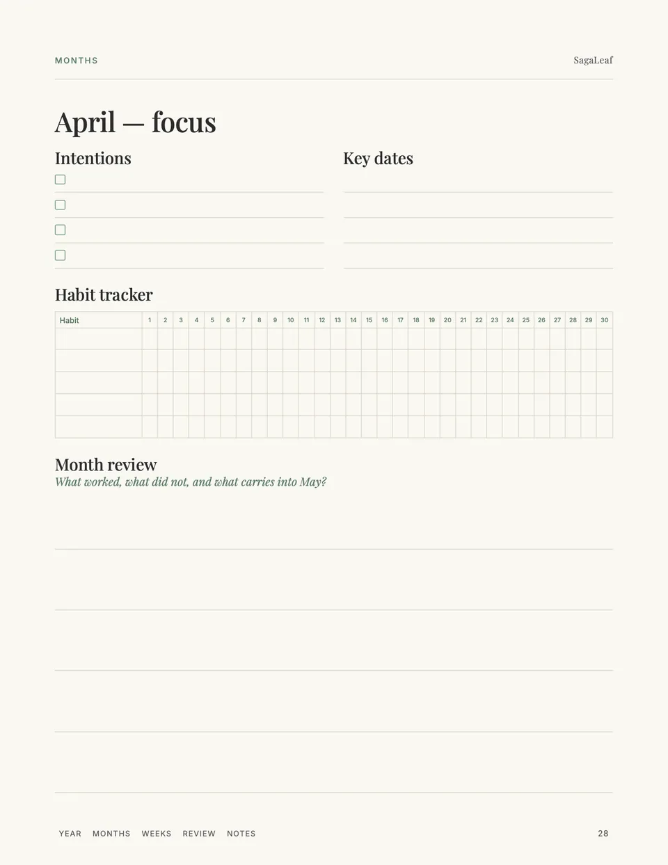 April focus page with intentions, key dates, a habit tracker and a month review