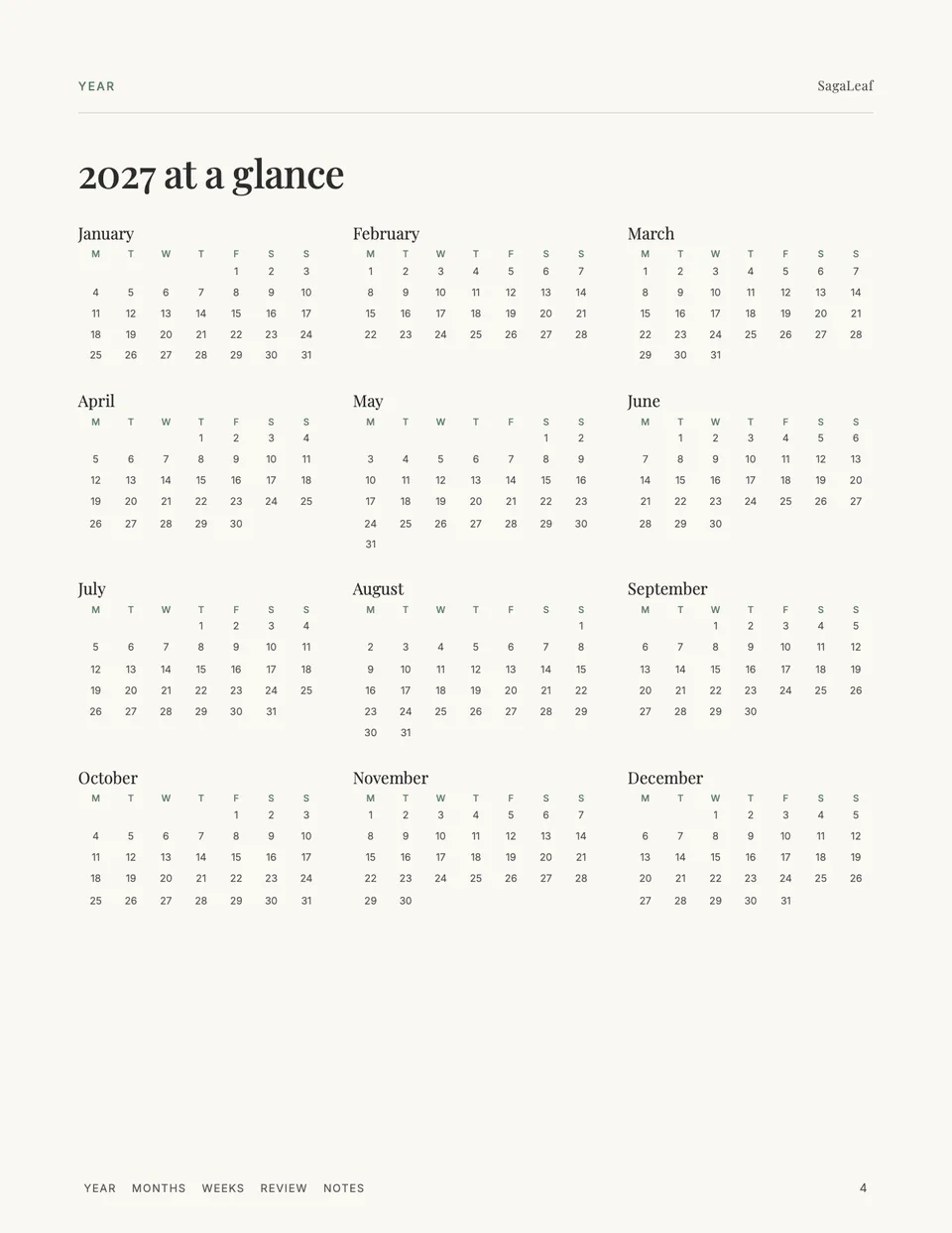 2027 year-at-a-glance page with all twelve months