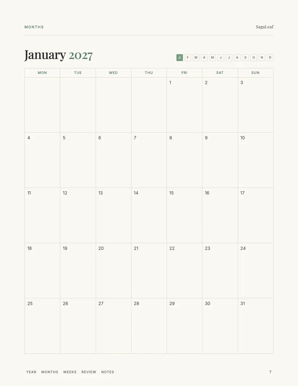 January 2027 monthly calendar