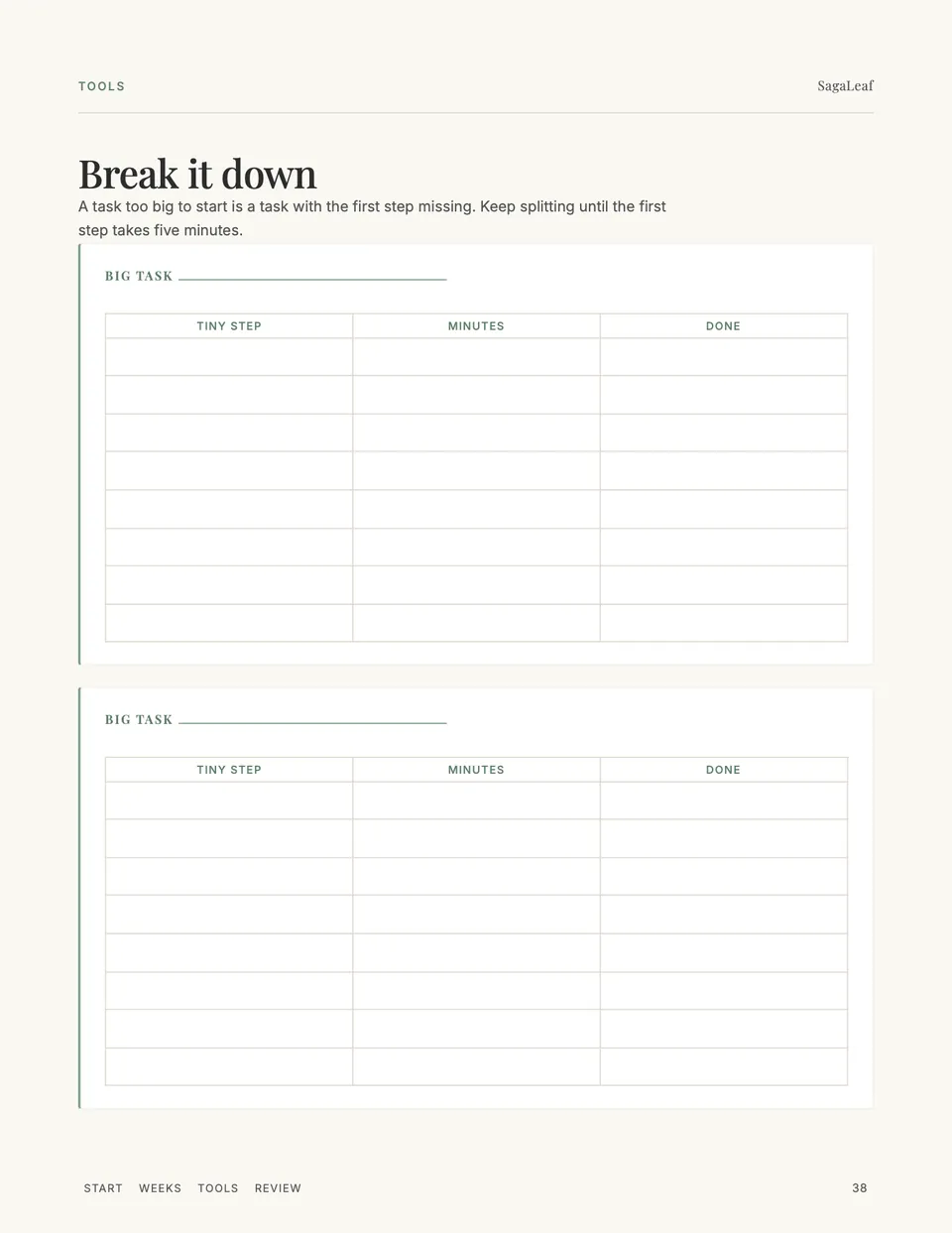 Break it down: a big task split into tiny steps with minutes for each