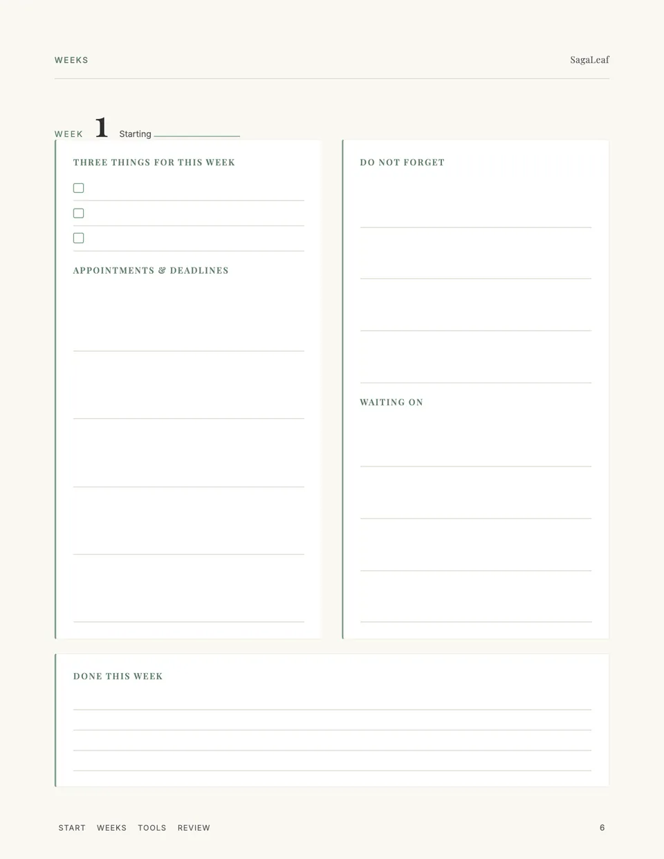 Weekly page: three things, appointments, do not forget, waiting on and done this week