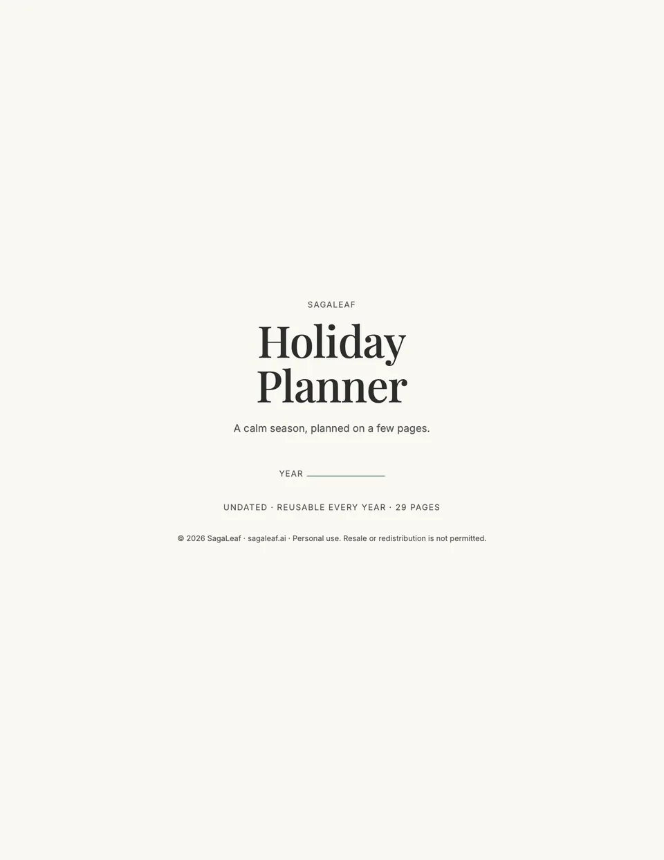 Cover of the SagaLeaf Holiday Planner, undated and reusable every year