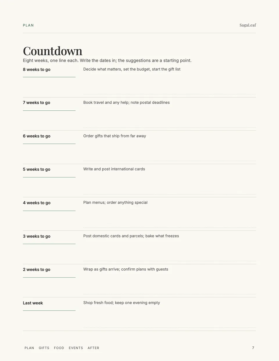 Eight-week countdown with a suggested job for each week before the holidays