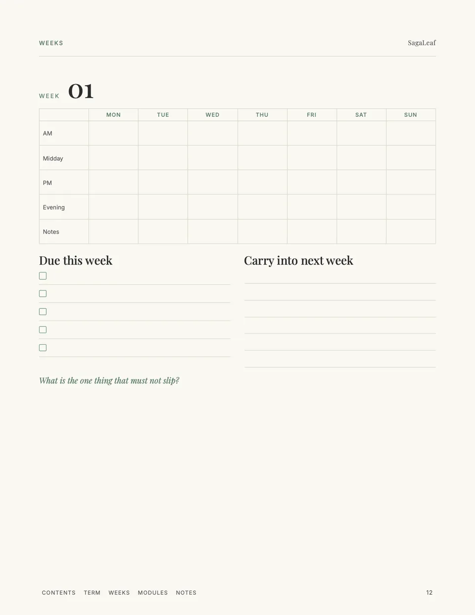 Weekly page with a day-by-day grid, due this week and carry into next week