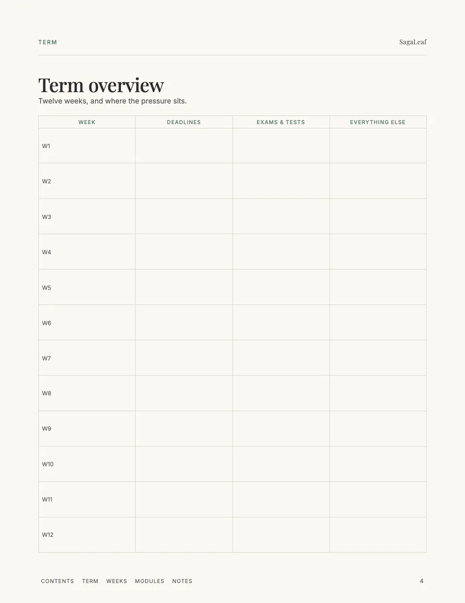 Term overview table for the whole term at a glance