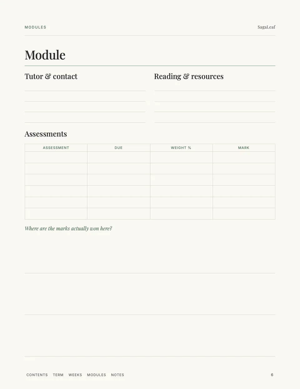 Module page with tutor contacts, reading and an assessments table