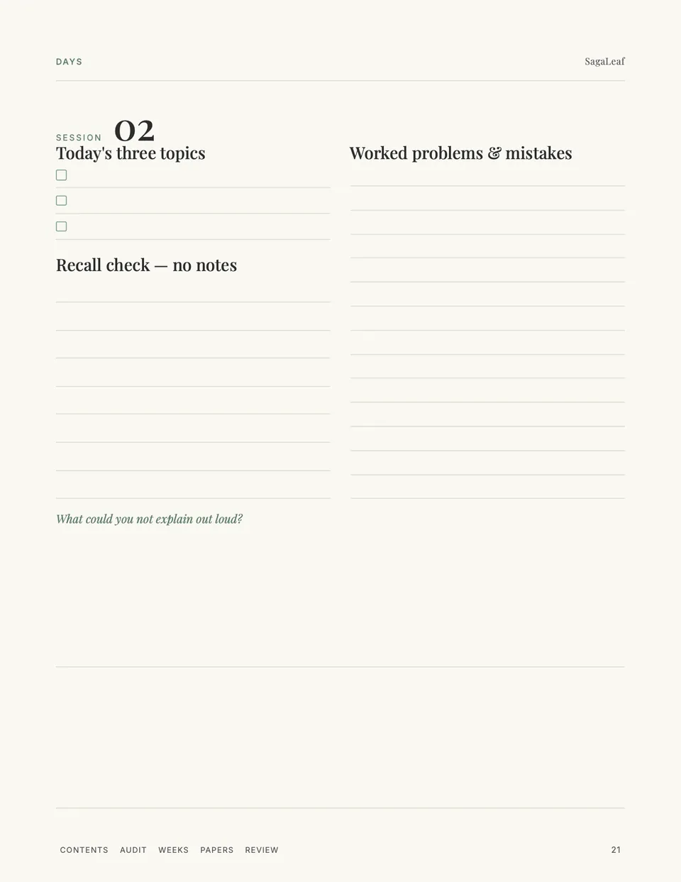 Daily revision session page with three topics, worked problems and a recall check