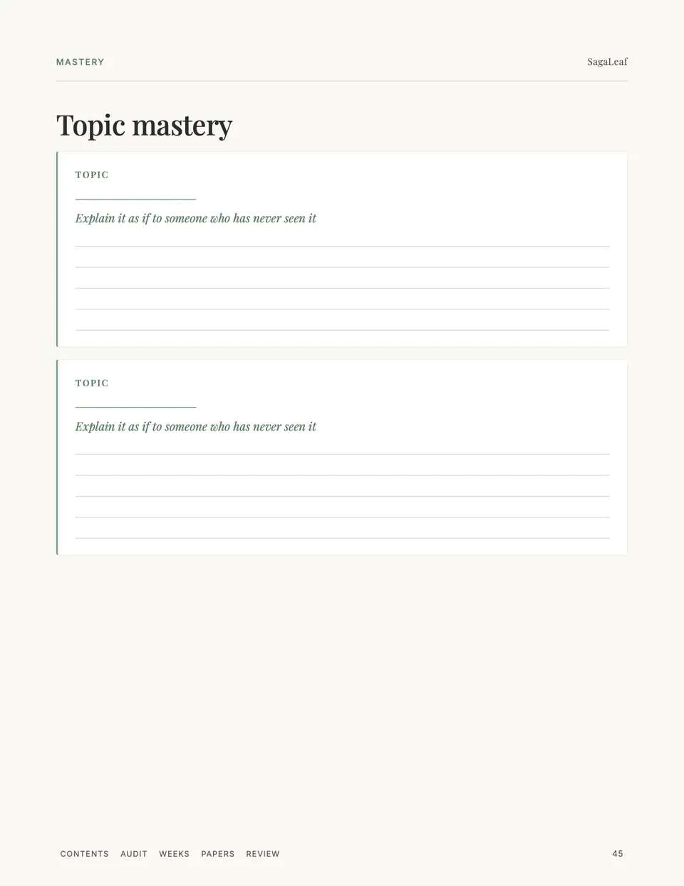 Topic mastery page: explain each topic as if to someone who has never seen it