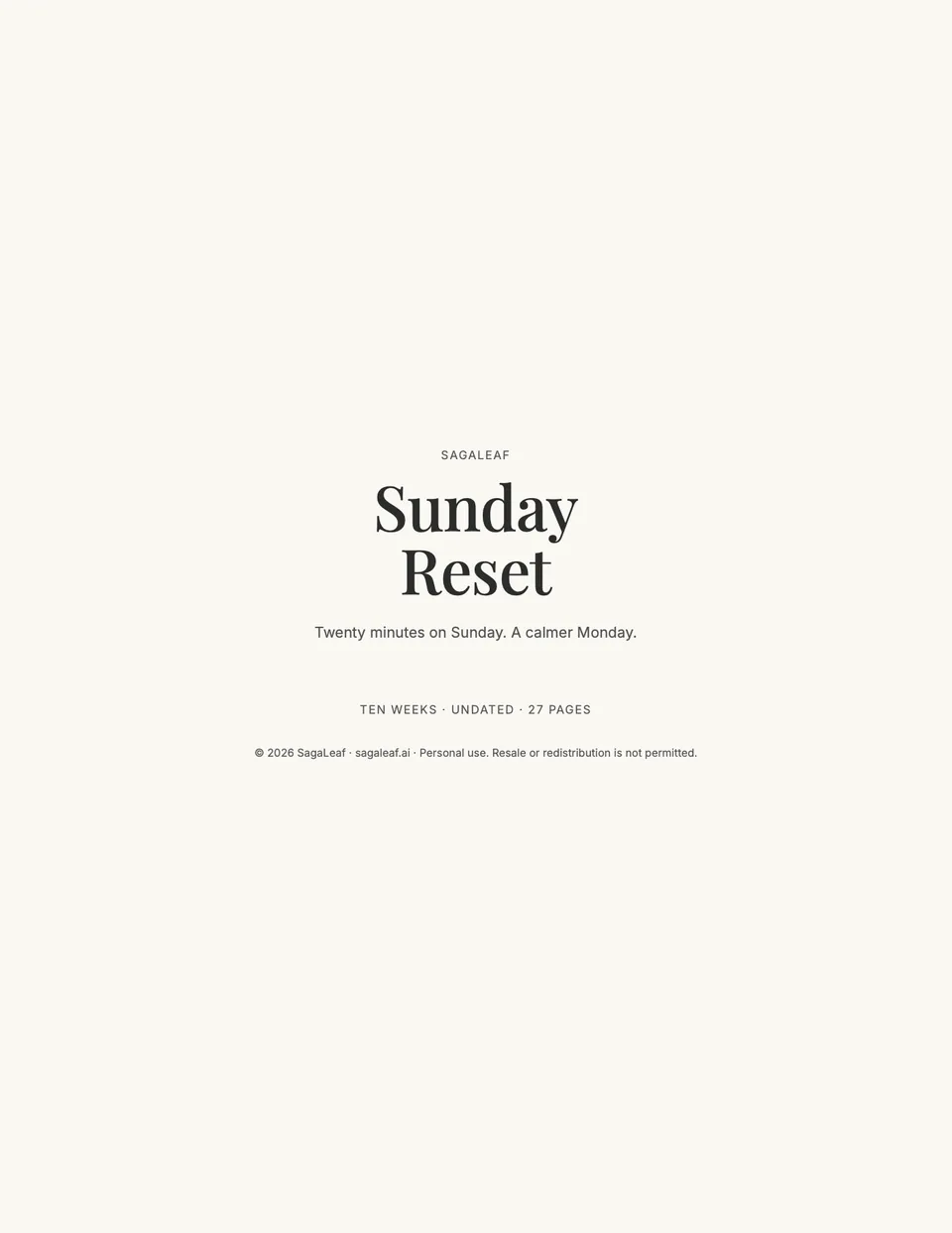 Cover of the SagaLeaf Sunday Reset Planner