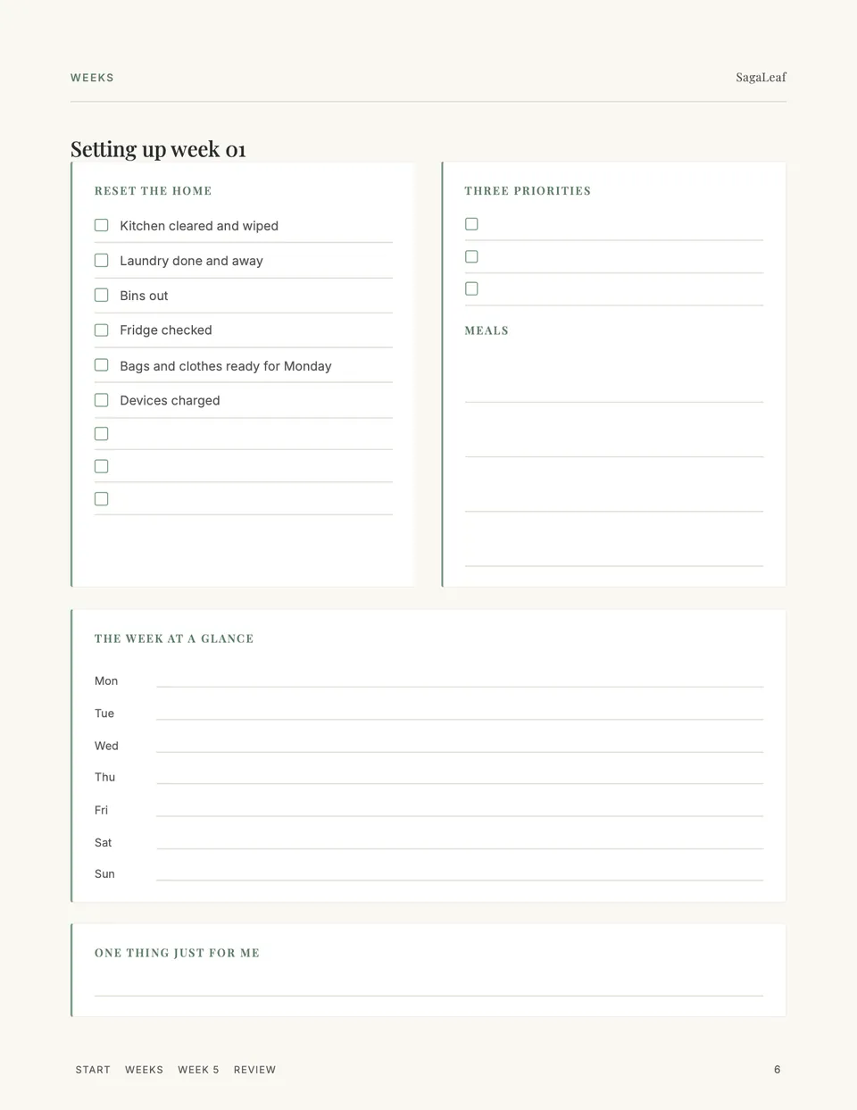 Setting up the week: home reset checklist, three priorities, meals and the week at a glance