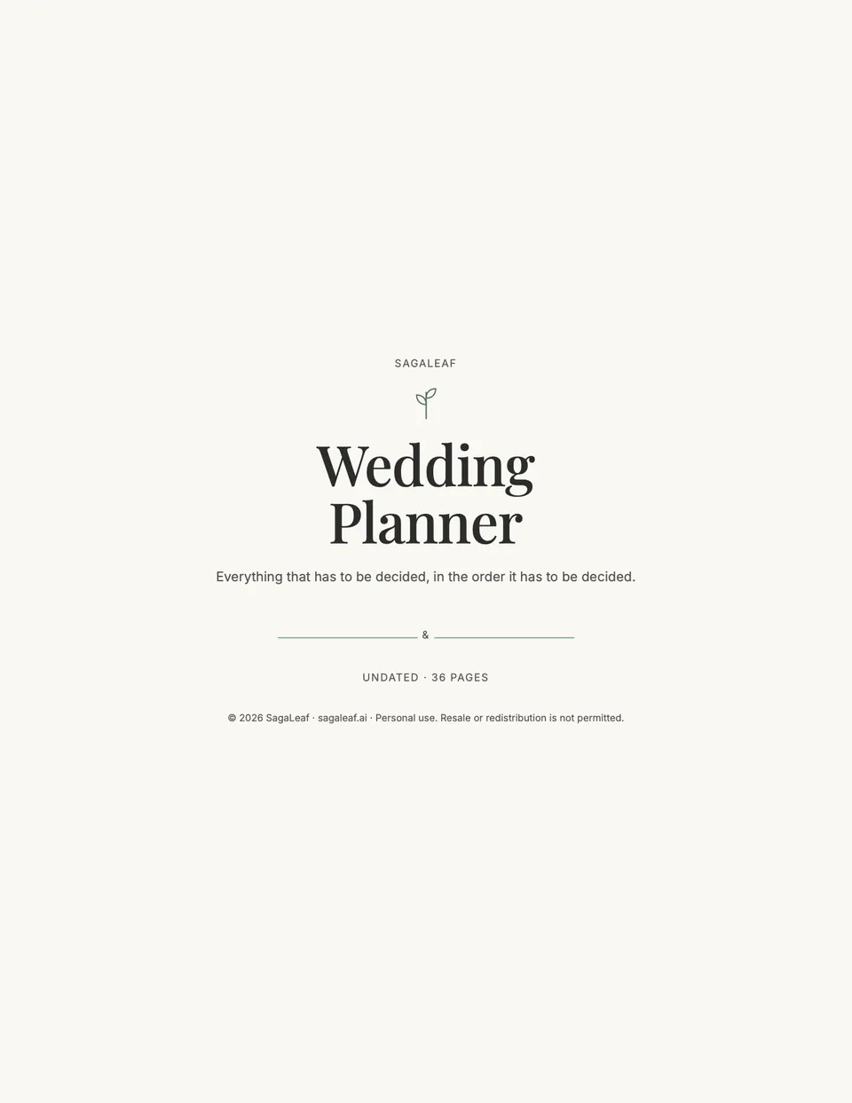 Cover of the SagaLeaf Wedding Planner with a single botanical sprig