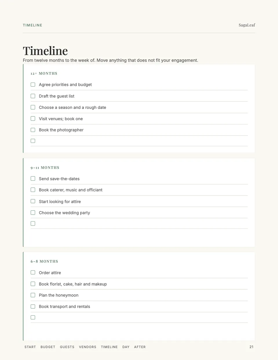 Timeline from twelve months out, with a checklist for each stage