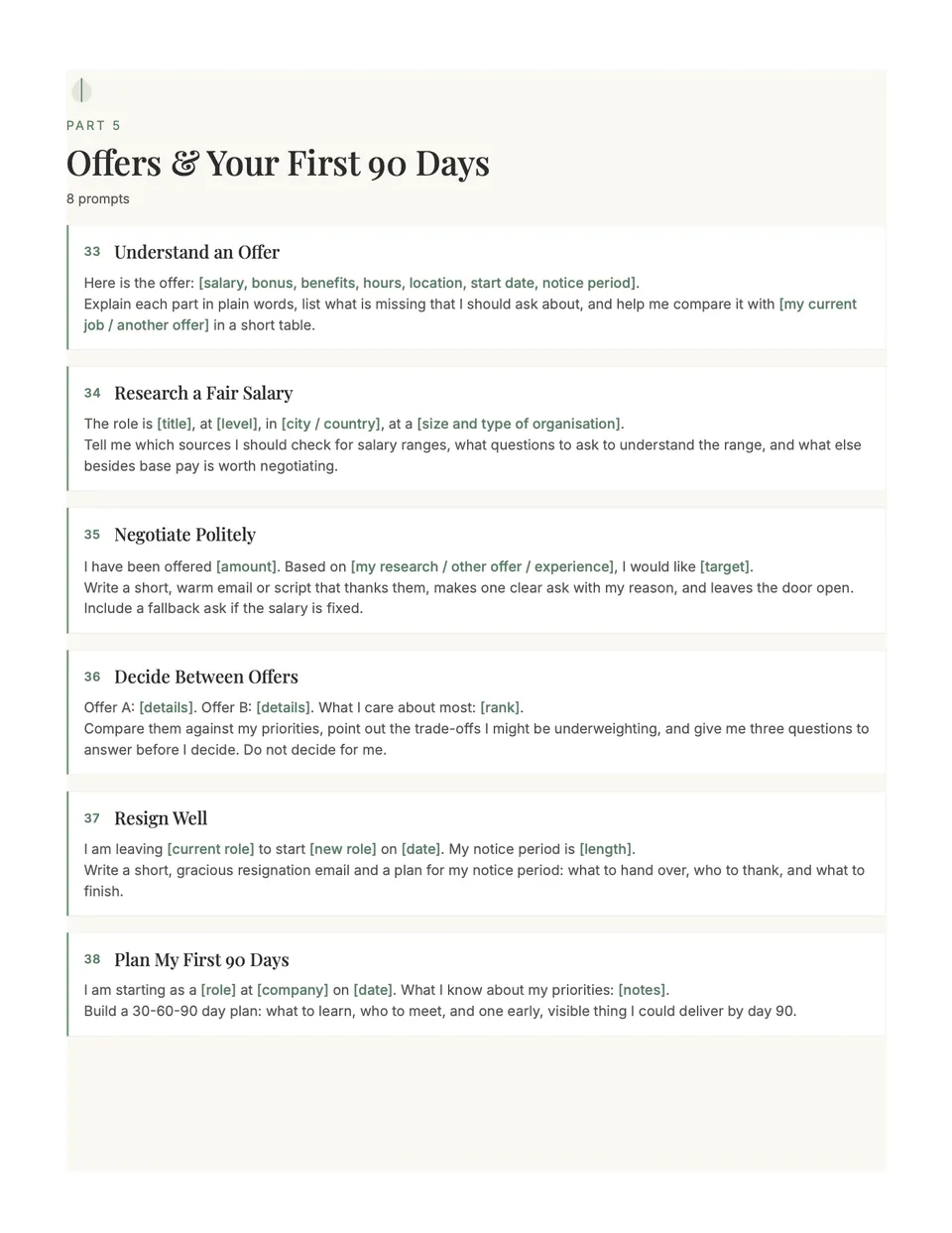 Offers and Your First 90 Days section with prompts to understand and negotiate an offer