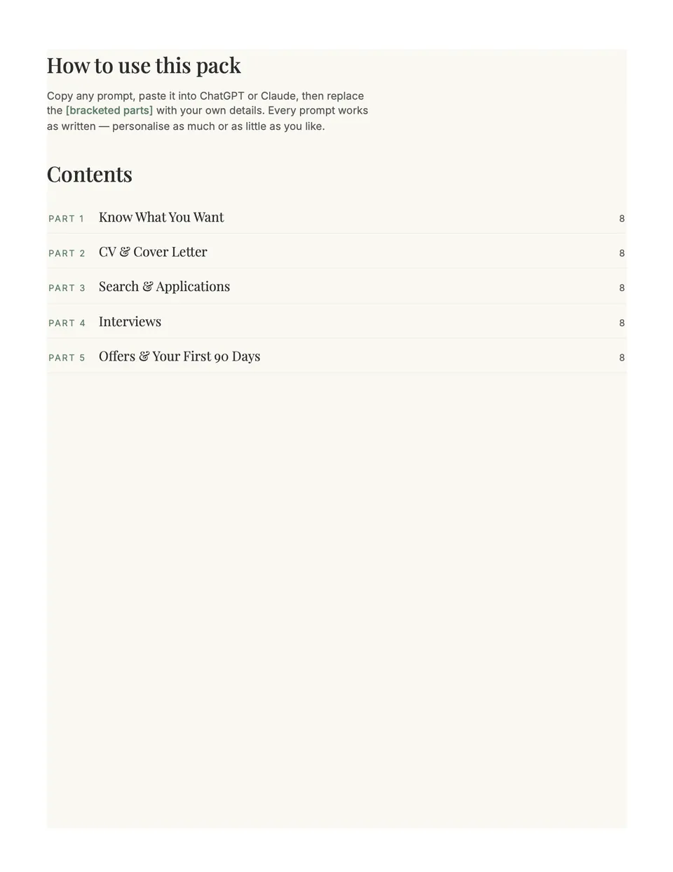 How to use the pack, with contents for its five parts