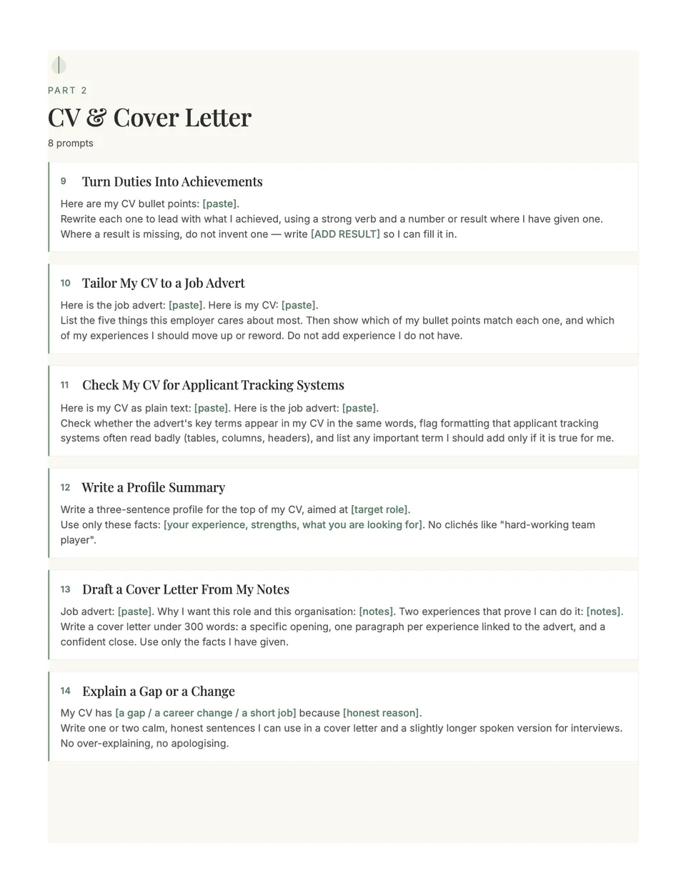 CV and Cover Letter section with prompts that turn duties into achievements