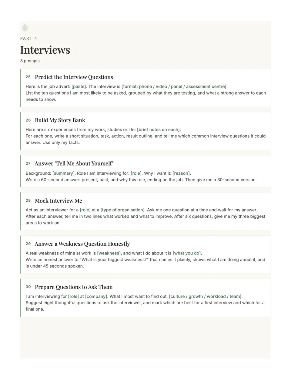 Interviews section with prompts to predict questions and build a story bank