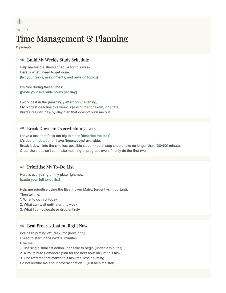 Time Management and Planning section with prompts for a weekly study schedule and beating procrastination