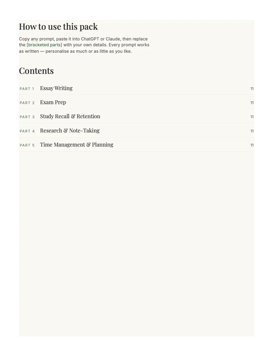 How to use the pack, with contents for its five parts