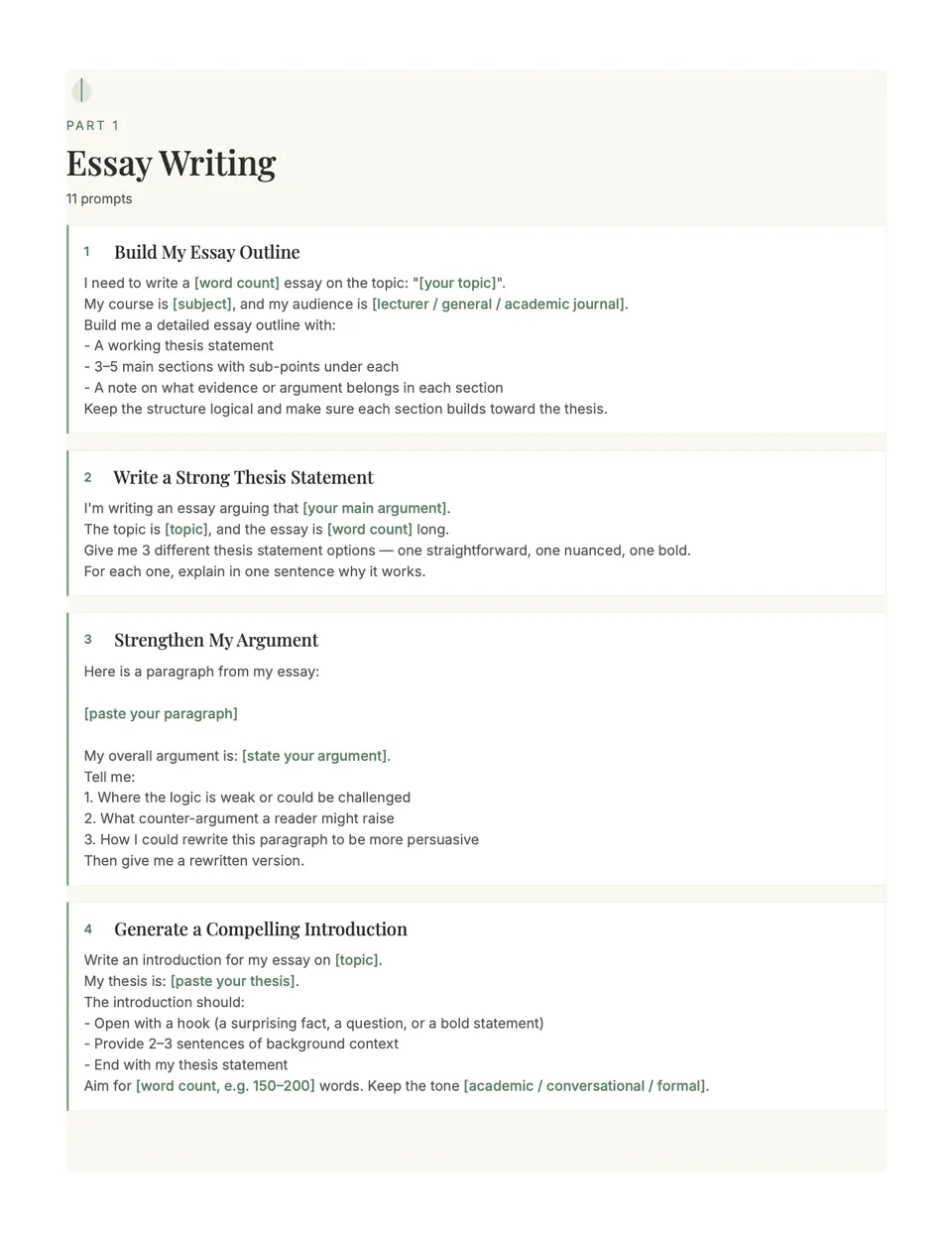 Essay Writing section with copy-paste prompts for outlines, thesis statements and arguments