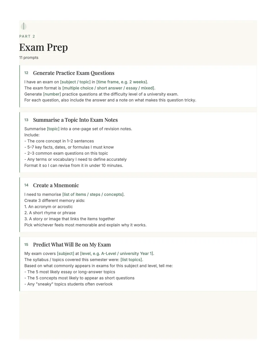 Exam Prep section with prompts for practice questions, revision notes and mnemonics