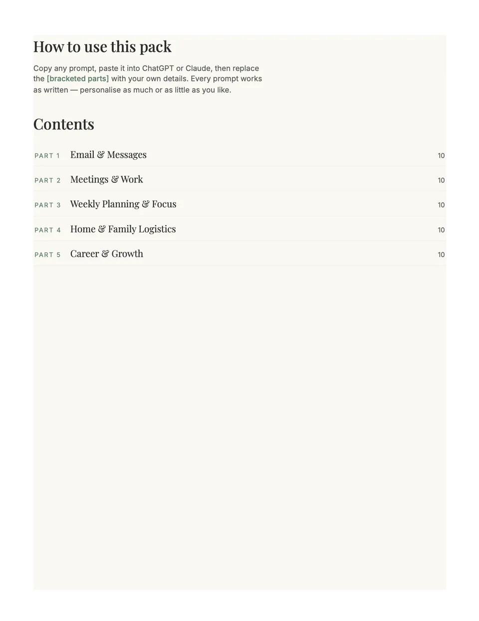 How to use the pack, with contents for its five parts