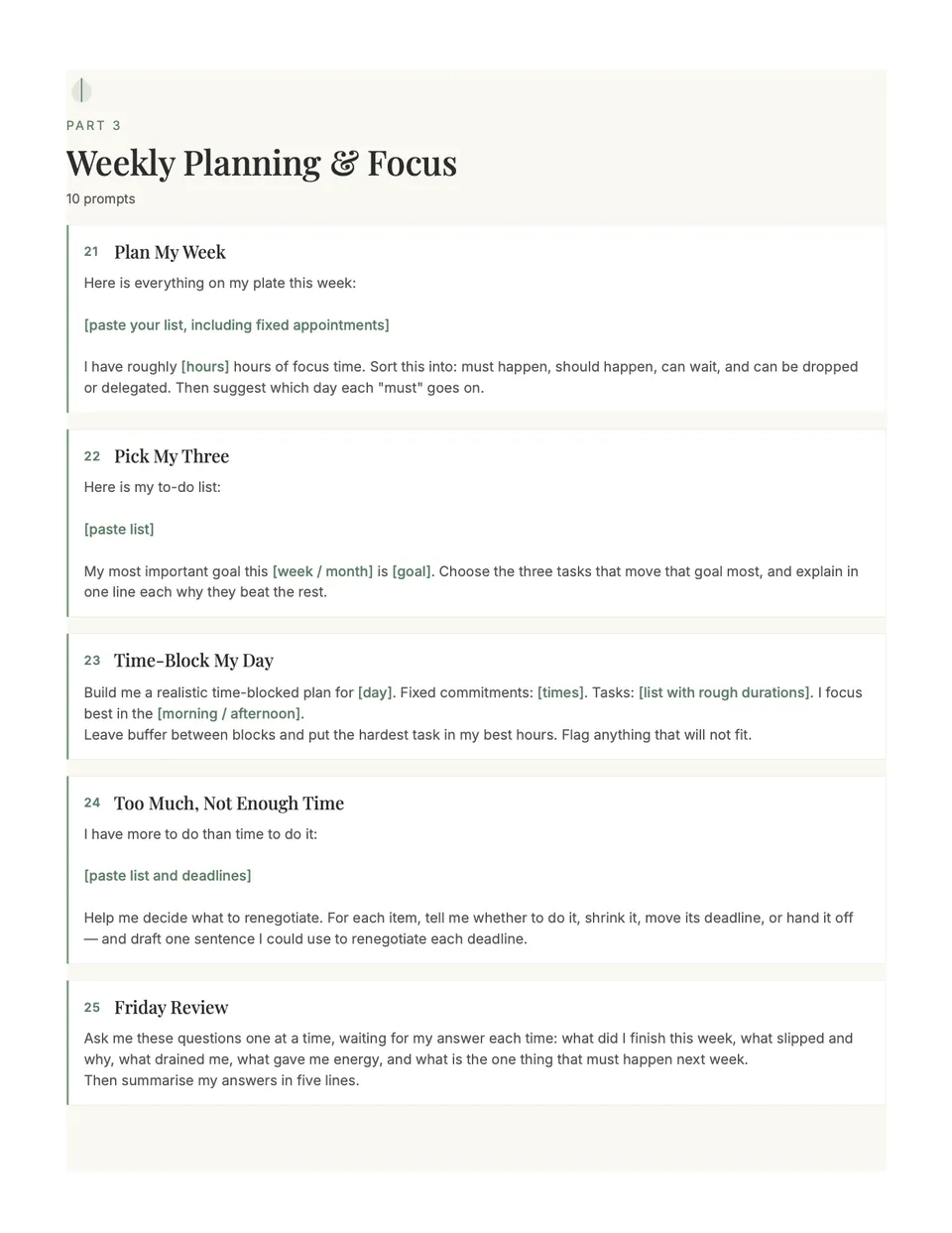 Weekly Planning and Focus section with prompts to plan the week, pick three priorities and time-block a day