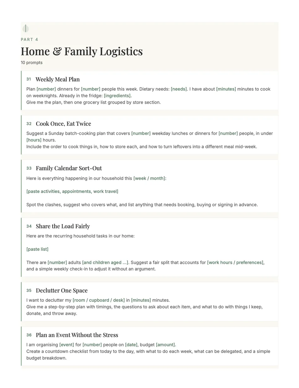 Home and Family Logistics section with prompts for meal plans, the family calendar and sharing the load