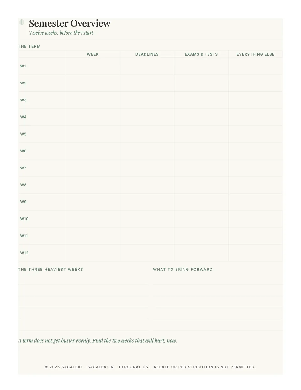 Semester overview printable: twelve weeks of deadlines and exams on one sheet