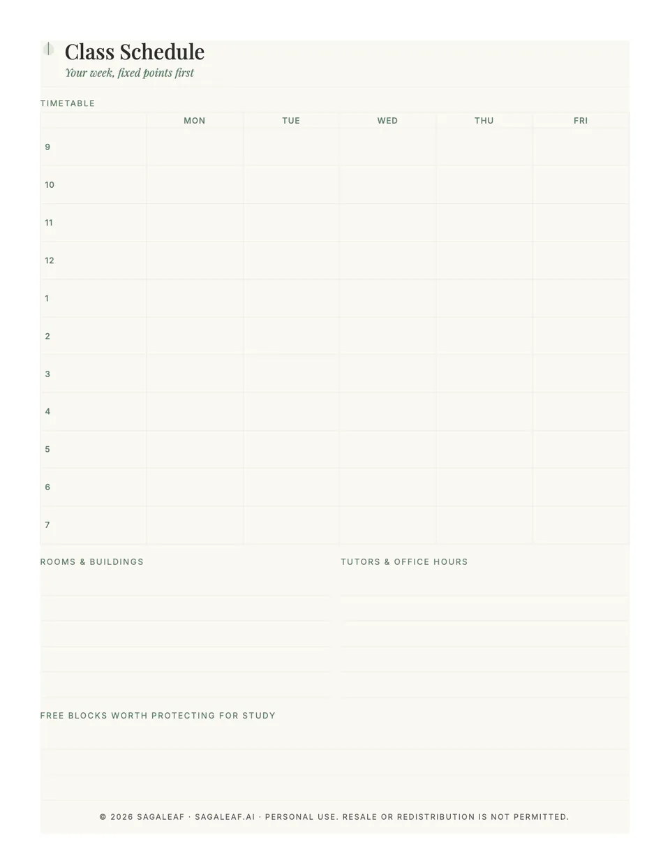 Class schedule printable, Monday to Friday