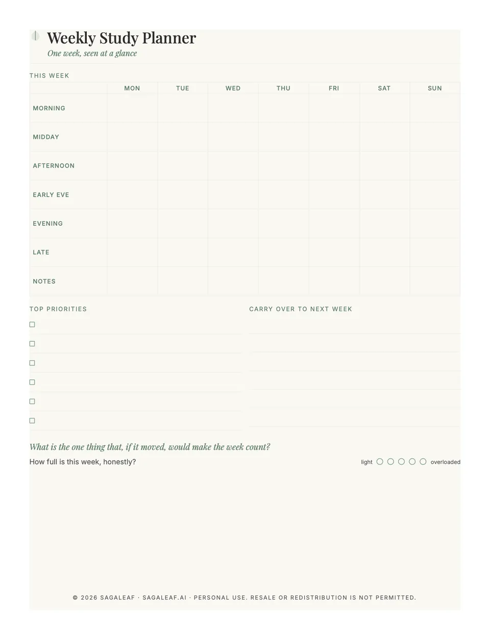 Weekly study planner printable with a seven-day grid, top priorities and what carries over